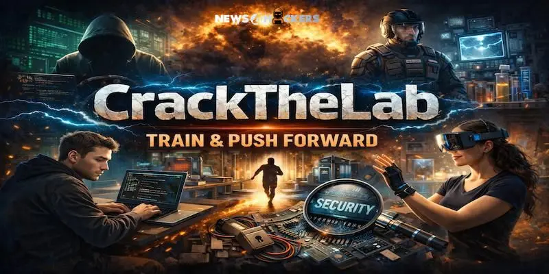 CrackTheLab cybersecurity training platform launch illustration showing ethical hackers, cyber lab environment, and advanced security training concept with “Train & Push Forward” tagline.