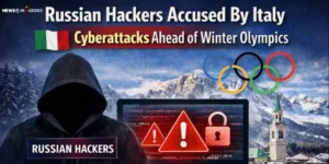 Digital news graphic showing Italy accusing Russian hackers of cyberattacks ahead of the Winter Olympics, with a hacker silhouette, Italy flag, Olympic rings, and cybersecurity warning symbols.