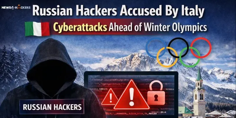 Digital news graphic showing Italy accusing Russian hackers of cyberattacks ahead of the Winter Olympics, with a hacker silhouette, Italy flag, Olympic rings, and cybersecurity warning symbols.