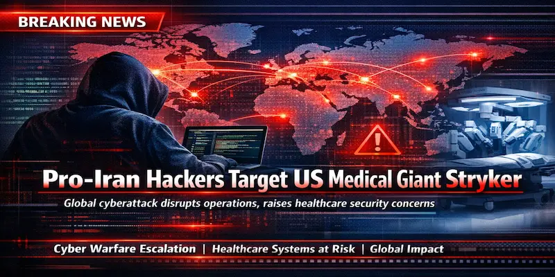 Breaking news graphic showing a hacker targeting global networks with a cyberattack on US medical company Stryker, highlighting worldwide cyber warfare risks