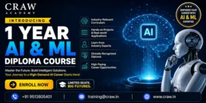 Professional promotional banner for Craw Academy’s 1 Year AI & ML Diploma Course featuring futuristic AI graphics, robotic visuals, course highlights, enrollment CTA button, and contact details.