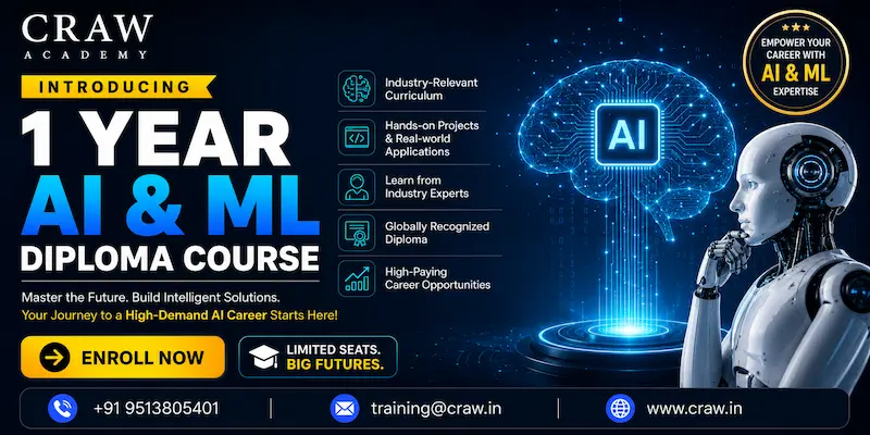 Professional promotional banner for Craw Academy’s 1 Year AI & ML Diploma Course featuring futuristic AI graphics, robotic visuals, course highlights, enrollment CTA button, and contact details.
